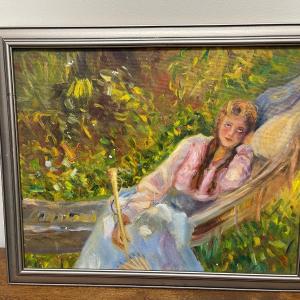 Photo of Framed Artwork Daydreaming Girl in Garden, Oil Painting