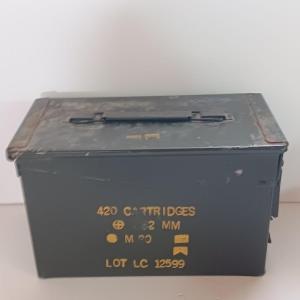 Photo of Military Ammunition chest - empty Ammunition metal can- stenciled on front.