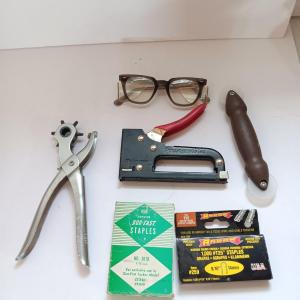 Photo of Home repair tools - screen tool - Leather punch and stapler with staples and saf
