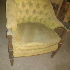 Photo of Mid Century Button Back Upholstered Barrel Chair with Cain Accents