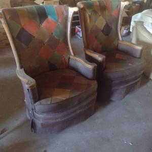 Photo of Pair of Vintage 70's MOD Style Faux Leather Patchwork Wing Back Chairs