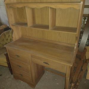 Photo of Two Piece Oak Finish Knee Hole Desk with Hutch Top