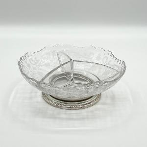 Photo of Vtg Floral Etched Glass Sterling Silver Base Divider Bowl