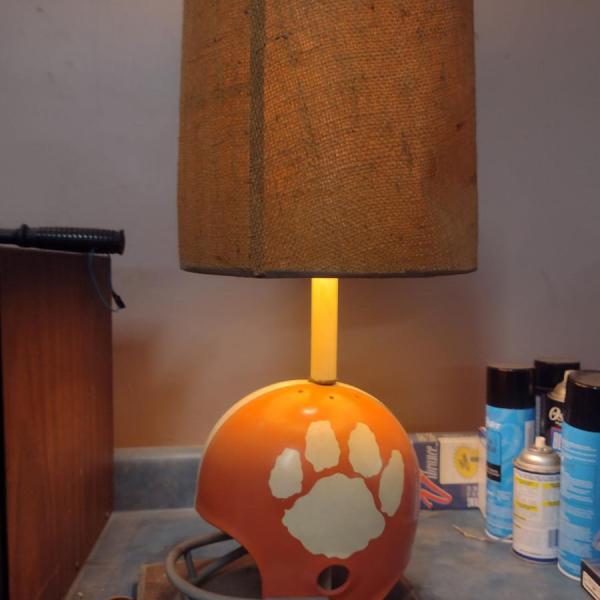 Photo of Clemson Tigers Helmet Lamp on Wooden Base