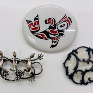 Photo of 3 piece jewelry lot - Dancing Lizards Pin, Orca Whale Pin, and Stained Glass Loo
