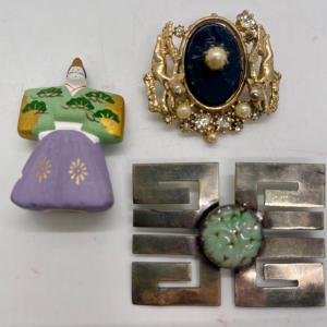 Photo of 3pc Jewelry Lot 2 Brooch Pins & 1 Miniature Figurine