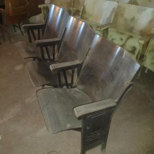 Photo of Vintage Three Chair Wood Theatre or Church Pew Seating with Flip Seat and Cast B