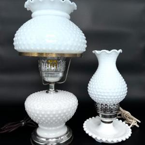 Photo of Set of 2 Vintage Hobnail Milk Glass Table Lamps