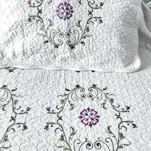 Photo of Queen Sized White Coverlet and 2 Shams with Pink Floral and Green Vine Pattern