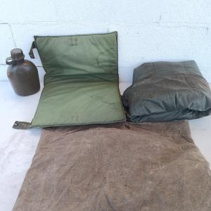 Photo of Military Issued inflatable mattress pad with canvas bag, canteen and cushion cha