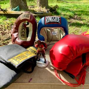 Photo of LOT 79: Vintage Boxing Gloves and Head Gear and a Metal Boxer