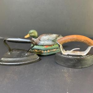 Photo of LOT 122: Vintage Cast Iron Irons and Duck Door Stop