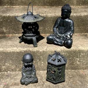 Photo of LOT 65: Asian Inspired Cast Iron Lanterns/Lamps, Chalk and Resin Buddas Figures