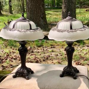 Photo of LOT 75: Set of 2 Art Nouveau Tiffany Style Reproduction Table Lamps with Frosted