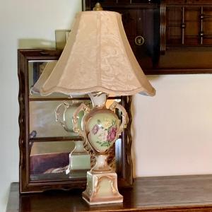 Photo of LOT 132: Vintage Porcelian Lamp and Wooden Mirrored Shelf