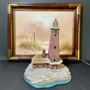 Photo of LOT 126: Lighthouse Nightlight and Beautifully Framed Signed Beach Sea Wall Art