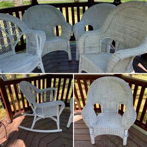 Photo of LOT 68: Set of 4 White Wicker Chairs Including 2 Rocking Chairs