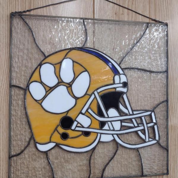 Photo of Clemson Tiger Stained Glass Football Helmet Window Art