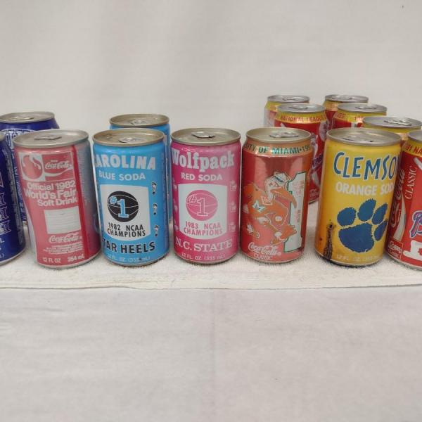 Photo of Nice Assortment of Collectible Soda Cans ACC College and Atlanta Braves, Etc.