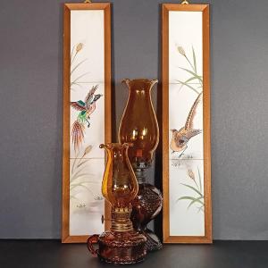 Photo of LOT 30: Vintage Amber Hurricane Lamps & Painted Framed Tiles
