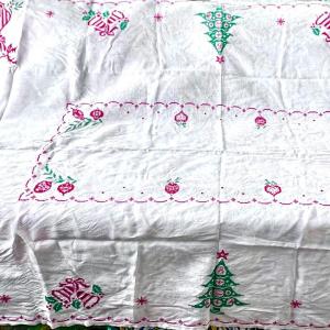 Photo of Vintage White Hand Stitched Embroidered Christmas Table Cloth