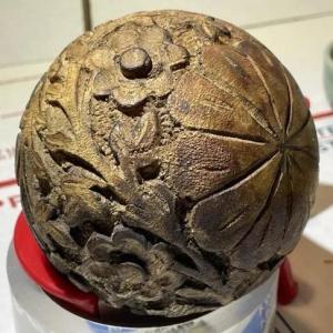 Photo of Vintage Chinese/Asian Hand Carved Softball Size Wooden Sphere as Pictured.