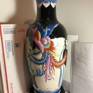Photo of Very Large Vintage Chinese Import 24" Decorative Vase with Wooden Base Preowned 