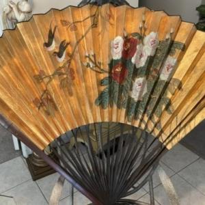 Photo of Vintage Asian Large 50" x 36" Hand Painted Rice Paper Wall Decor Fan in Good Pre