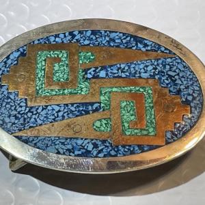 Photo of Vintage Mexican COPPER & TURQUOISE Particles Inlayed Belt Buckle Oval Silver-ton