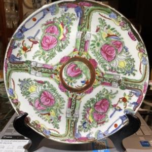 Photo of Vintage Rose Medallion 10" Diameter Plate Made in Macau with Wooden Plate Stand 