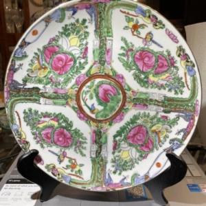 Photo of Vintage Rose Medallion 10" Diameter Plate Made in Macau with Wooden Plate Stand 