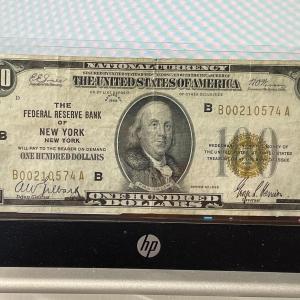 Photo of 1929 Nice Circulated Condition $100 New York National Currency Serial #210574 as