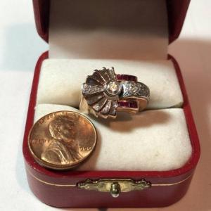 Photo of Art Deco Era Rose Color 14K Gold Ruby & Diamond Ladies Ring Size 5-3/4 Ring 8.3 