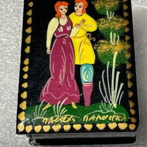 Photo of Vintage Russian Small Lacquered Trinket Box Fairy Tale Folk Art Design and Signe