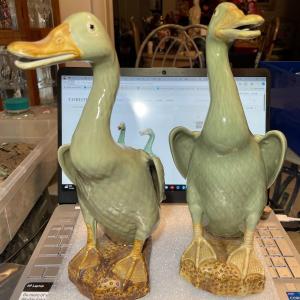 Photo of VERY RARE PAIR OF ASIAN CELADON-GLAZED FIGURES OF DUCKS 12" TALL IN VERY GOOD PR