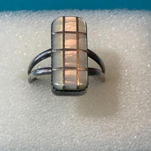 Photo of Vintage "OHM" Native American Dainty Sterling Silver Mother of Pearl Ring Size 8