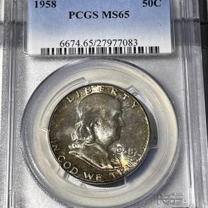Photo of PCGS Certified 1958-P MS65 Gorgeous Mint Set Toned Franklin Silver Half Dollar a