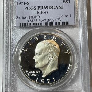 Photo of PCGS CERTIFIED 1971-S PROOF69 DEEP CAMEO SILVER EISENHOWER DOLLAR AS PICTURED.