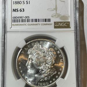 Photo of NGC CERTIFIED 1880-S "LARGE-S" NICE ORIGINAL MS63 GRADED MORGAN SILVER DOLLAR AS