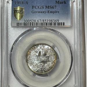 Photo of Germany-Empire PCGS Certified 1914-A MS67 1-Mark Silver Superb Blast White Coin.