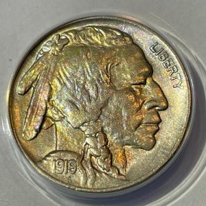 Photo of 1919-P Choice Uncirculated Buffalo Nickel with Gorgeous Color as Pictured.