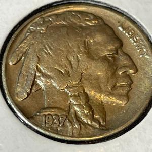 Photo of 1937-S Uncirculated Condition Buffalo Nickel with Nice Color as Pictured.