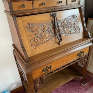 Photo of Vintage MID-CENTURY Carved OAK Secretary Desk in VG Preowned Condition. Local Pi