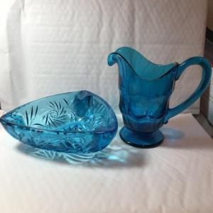 Photo of Vintage Mid Century Heavy Blue Glass Ashtray & Creamer Pitcher in Good Preowned 