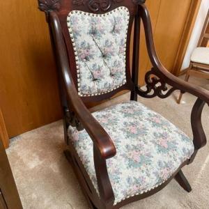 Photo of Victorian Hardwood Glider Rocker w/Great Upholstery Fabric. VG Condition for its
