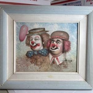 Photo of Nice Vintage Oil on Canvas Painting by William Moninet of Clowns Frame Size 12.7