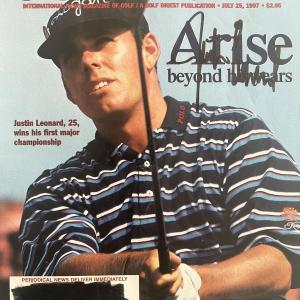 Photo of Justin Leonard signed 1997 Golf World magazine