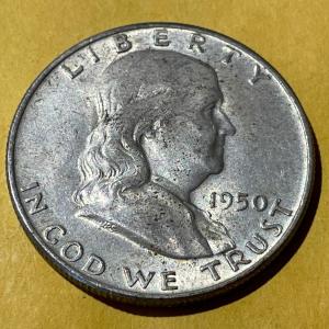 Photo of 1950-D EF/AU CONDITION FRANKLIN SILVER HALF DOLLAR AS PICTURED.