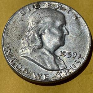 Photo of 1959-P EF/AU CONDITION FRANKLIN SILVER HALF DOLLAR AS PICTURED.