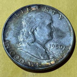 Photo of 1950-P AU CONDITION FRANKLIN SILVER HALF DOLLAR AS PICTURED.